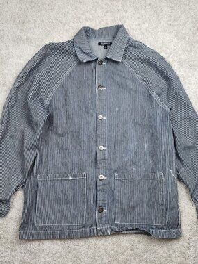 Elwood Men’s Chore Coat Jacket Striped Blue Mens Large Vintage VTG Y2K Train USA